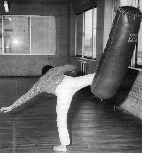 Bruce Lee fitness roundhouse kick heavy bag